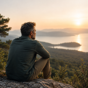 Homme de plus de 40 ans assis face à un paysage naturel au coucher du soleil, illustrant la charge mentale masculine, le besoin de pause et la recherche d'équilibre émotionnel.