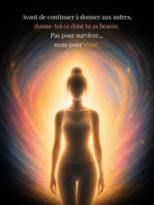 Silhouette féminine lumineuse symbolisant le recentrage sur soi, la reconstruction intérieure et le besoin de retrouver de l’énergie après une période d’épuisement.
