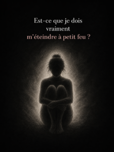 Silhouette féminine recroquevillée dans l’obscurité symbolisant l’épuisement émotionnel, le burn-out et le besoin de prendre soin de soi avant l’effondrement.
