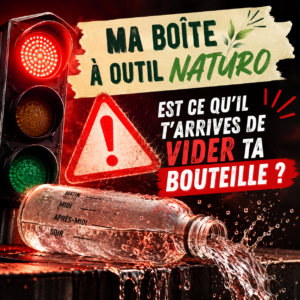 Bouteille qui se vide devant un signal d'alerte rouge illustrant l'accumulation des émotions, de la charge mentale et du stress au quotidien.