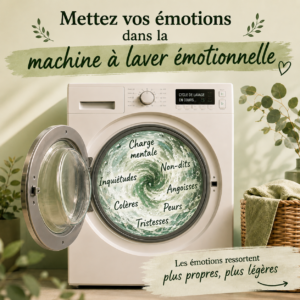 Machine à laver émotionnelle symbolisant le nettoyage des émotions accumulées comme la charge mentale, les non-dits, les inquiétudes, les peurs, les angoisses et les colères.