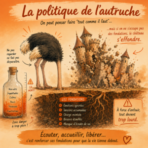 Illustration d'une autruche la tête dans le sol devant un château qui s'effondre, symbolisant les émotions ignorées, la charge mentale accumulée et les conséquences du déni émotionnel.