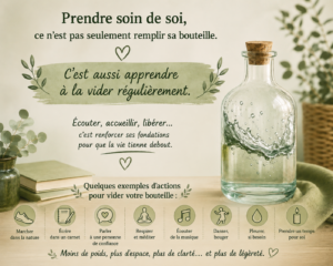 Illustration montrant une bouteille vidée et plusieurs actions de bien-être émotionnel comme marcher, écrire, parler, respirer, danser ou pleurer pour favoriser la libération des émotions.