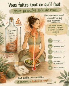 Femme adoptant une bonne hygiène de vie mais dont la charge émotionnelle continue de s'accumuler, illustrée par une bouteille qui se remplit et un thermomètre émotionnel qui monte.